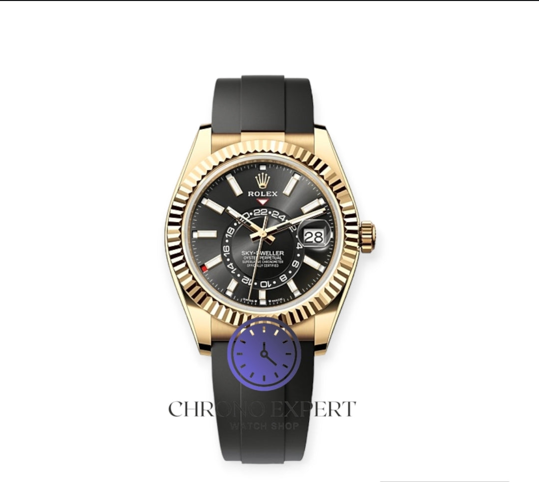 Skydweller gold bezel black dial oyster flex