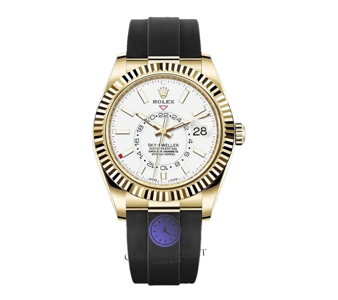 Skydweller gold bezel white dial oyster flex